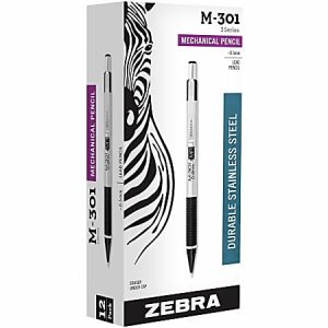 Zebra STEEL 3 Series M-301 Mechanical Pencils, Fine Point, 0.5 mm, Black Barrel, Pack Of 12