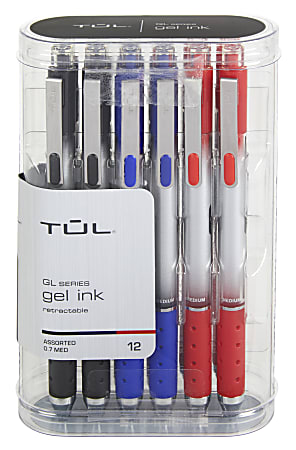 TUL GL Series Retractable Gel Pens, Medium Point, 0.7 mm, Silver Barrel, Assorted Business Inks, Pack Of 12 Pens