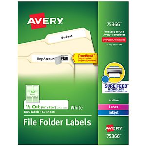 Avery TrueBlock File Folder Labels With Sure Feed Technology, 75366, Rectangle, 2/3" x 3-7/16", White, Pack Of 1,800