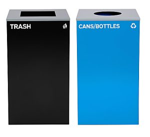 Alpine Industries Stainless-Steel Open Top Cans/Bottles Recycling And Trash Can Set With Square And Circle Lids, 29 Gallons, 30H x 16-15/16W x 16-15/16D, Black/Blue, Set Of 2 Trash Cans