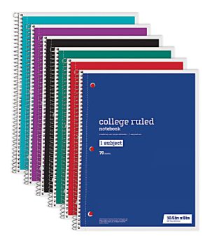 Just Basics® Wirebound Notebook, 3-Hole Punched, 8" x 10 1/2", 1 Subject, College Ruled, 70 Sheets, Assorted Colors, Pack Of 6