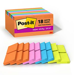 Post-it® Super Sticky Notes, 1-7/8 in x 1-7/8 in, 18 Pads, 90 Sheets/Pad, 2x the Sticking Power, Energy Boost Collection