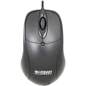 Black Urban Factory wired mouse with scroll wheel, two buttons, and brand logo on top.