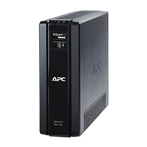 Black APC Back-UPS Pro 1500, showcasing its digital display and compact tower design for power backup solutions.