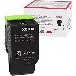 Xerox black toner cartridge for C310 Color Printer, shown with packaging box in the background.