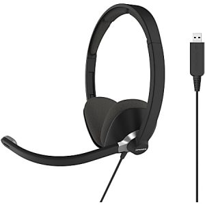 Wired black USB headset with padded ear cups and an adjustable boom microphone.