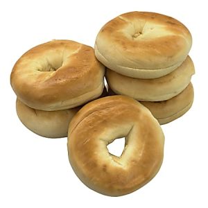A stack of six plain bagels arranged on a white background.