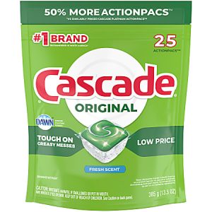 Cascade Original dishwasher detergent pack, 25 ActionPacs, fresh scent, tough on grease, low price, 50% more ActionPacs.