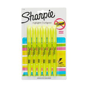Package of six Sharpie yellow highlighters with a smear guard feature and narrow chisel tip.