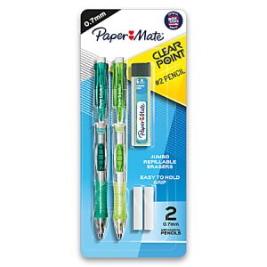 Pack of Paper Mate Clear Point mechanical pencils, 0.7mm, with jumbo erasers and easy-grip design, includes two pencils.
