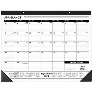 September 2024 desk pad calendar with large daily squares, featuring monthly layout, black corners, and ink bleed resistance.