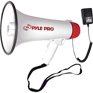 White Pyle Pro megaphone with a red accent, black carrying strap, and attached microphone on a coiled cable.