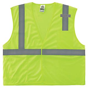 Neon yellow safety vest with reflective gray stripes, designed for high visibility.