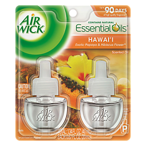 Air Wick Hawai'i Scented Oil, exotic papaya and hibiscus fragrance, two-pack, lasts up to 90 days.