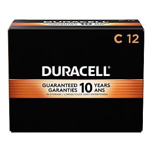 Duracell C12 batteries packaging, black with orange stripe, offers 10-year storage guarantee.