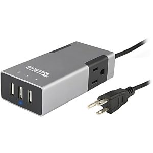 Silver USB power strip with three USB ports, two AC outlets, and a black power cord, designed for charging multiple devices.