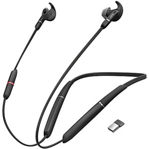 Black wireless neckband headphones with earbuds, featuring a USB adapter for connectivity.