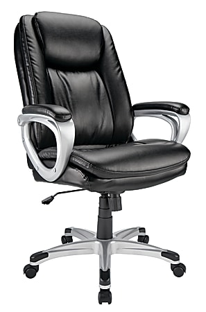 Black leather office chair with padded armrests, swivel base, and height adjustment lever.