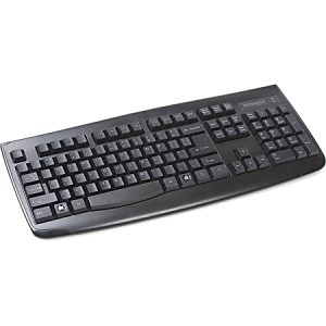 Black computer keyboard with a standard layout, including a numeric keypad and multimedia keys.