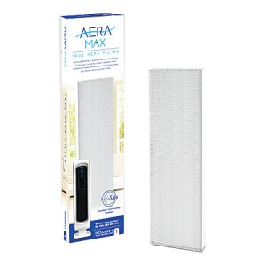 AeraMax True HEPA Filter packaging with an upright filter beside it, designed for air purification and allergy reduction.