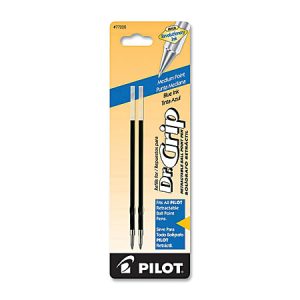 Pilot Dr. Grip pen refills pack with two medium point, blue ink refills in blister packaging against a yellow background.