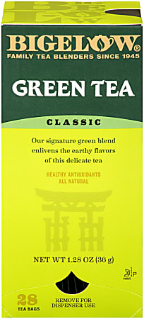 Bigelow green tea box, 28 bags, classic blend with healthy antioxidants, 1.28 oz, family tea blenders since 1945.