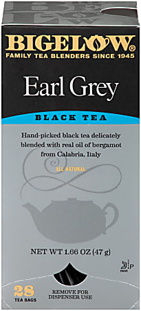 Bigelow Earl Grey black tea box with 28 tea bags, featuring details about the bergamot oil from Calabria, Italy.