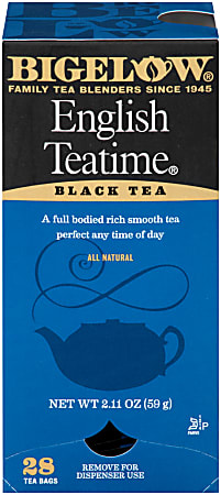 Bigelow English Teatime black tea box with 28 tea bags, featuring a teapot design and rich smooth tea description.