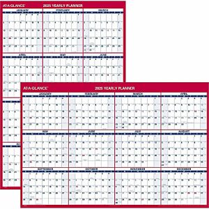 Two AT-A-GLANCE yearly planners for 2025 and 2026, displaying monthly grids in a side-by-side format with red headers.