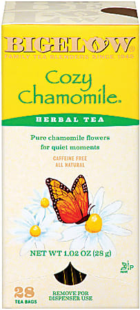 Bigelow Cozy Chamomile herbal tea box with chamomile flowers and butterfly illustration. Contains 28 tea bags, caffeine-free.