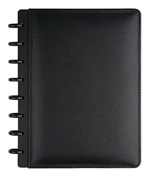 Black leather notebook with visible disc binding on the left side against a white background.