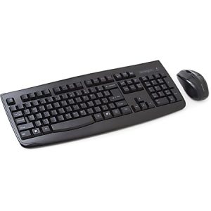 Wireless black keyboard and mouse set, featuring ergonomic design and multimedia keys.