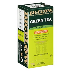 Bigelow decaffeinated green tea box, 20 tea bags, classic blend, vibrant green packaging.