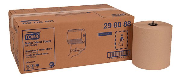 Tork Matic hand towel roll and box, labeled "Natural" and "29 00 88." Brown packaging with product illustrations and text.