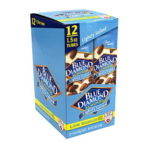 Box of Blue Diamond lightly salted almonds, featuring 12 tubes each with 1.5 oz of low sodium nuts.