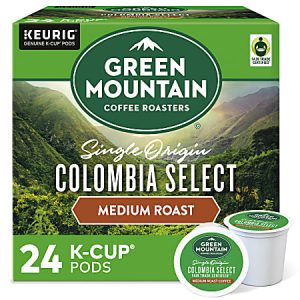 Green Mountain Coffee Roasters Colombia Select Medium Roast, 24 K-Cup pods, box with mountain imagery.