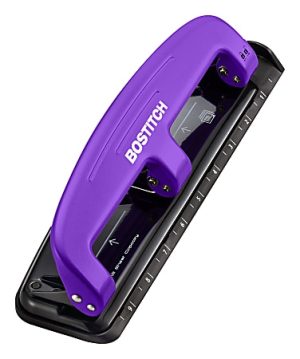 Purple Bostitch 3-hole punch with measurement guide, angled view.