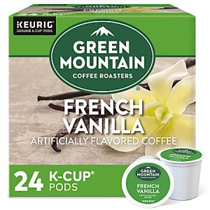 Green Mountain Coffee Roasters French Vanilla K-Cup box with 24 pods, featuring vanilla flower image.