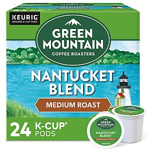 Green Mountain Coffee, Nantucket Blend Medium Roast K-Cup package with lighthouse image, contains 24 pods.