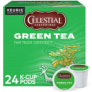Celestial Seasonings Green Tea K-Cup box of 24 pods, featuring a dragon design, labeled Fair Trade Certified.