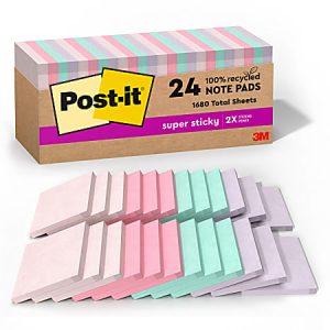 Pack of 24 Post-it Super Sticky Notes in pastel colors, 100% recycled, 1680 sheets total, by 3M.