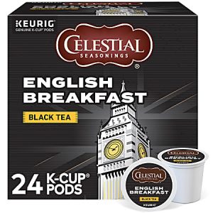 Celestial Seasonings English Breakfast black tea, 24 K-Cup pods, with Big Ben illustration on the packaging.