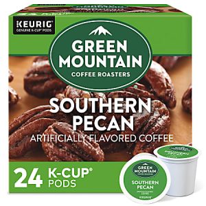 Green Mountain Southern Pecan coffee box with 24 Keurig K-Cup pods. Artificially flavored coffee with pecans image.