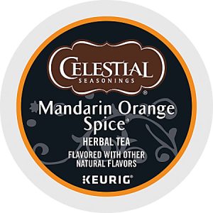 Celestial Seasonings Mandarin Orange Spice Herbal Tea K-Cup label with decorative floral design.