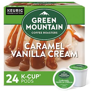 Green Mountain Coffee Roasters Caramel Vanilla Cream K-Cup box with coffee pods, featuring 24 pods for Keurig machines.