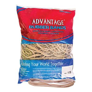 Bag of Advantage rubber bands, 1 pound, shown with scattered bands in front. Packaging says "Holding Your World Together.