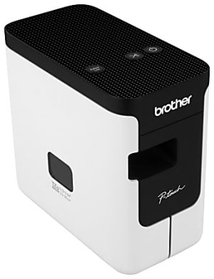 Compact Brother P-touch label printer with a black and white design, featuring buttons on top and a side tape outlet.