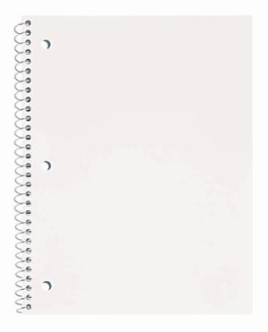 Spiral-bound blank notebook with white pages, set against a plain white background.