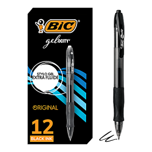 BIC Gelocity original gel pen pack of 12 with black ink, featuring a sample squiggle and ergonomic grip design.