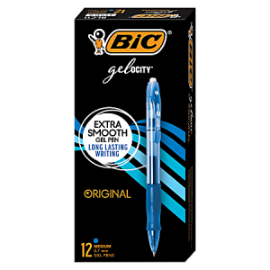 Box of BIC Gelocity Original gel pens, 0.7mm medium, blue ink, labeled "Extra Smooth" and "Long Lasting Writing.